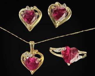 10k Gold Earrings, Ring, Necklace Set with Lab Created Rubies