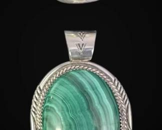 Sterling Silver Green Malachite Ring and Oval Pendant 36.63g Total