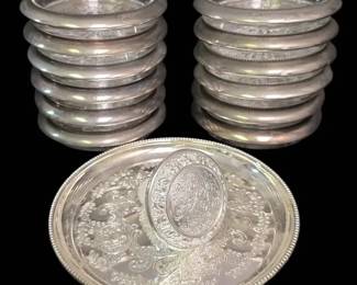 12 Leonard Silverplate Glass Coasters, Silverplate Dish  Stopper  England