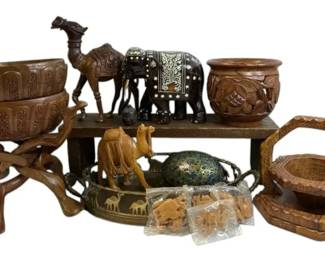 Wood Carved Bowls, Animals And Brass Tray