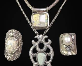 Wide Opalescent Sterling Silver Rings Necklaces 92.43g Total