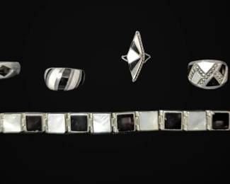 Black White Sterling Silver Bracelet  Rings, Size 5.757.5 54.7g Total