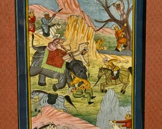 Old Mughal Empire miniature of a hunting scene, Rajasthani region