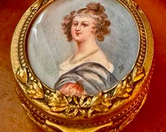 19th C French porcelain panel gilt bronze locket box