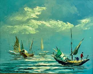 mid-century impressionistic oil painting on canvas by W.S. Chiang, featuring fishing boats in cool teal and blue tones