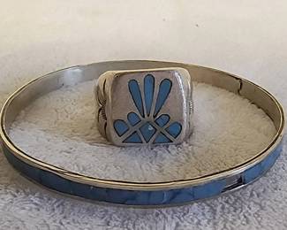 Vintage Alpaca Bracelet Ring Sz 10 With Turquoise Inlay