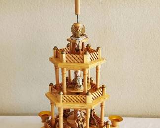 Italian Handcrafted Wooden Windmill Pyramid Nativity Scene