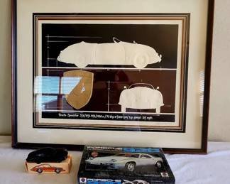 Signed Roy Williams Porsche Artwork, 1 24 Porsche Model Kit Avon Porsche After Shave