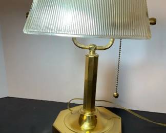 VTG Brass Bankers Desk Lamp W Clear Ribbed Glass Shade