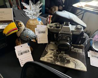 Daum France Pink Paperweight, De Rosa Toucan Figurine, Canon Camera