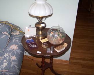 MAHOHANY LAMP TABLE, LAMP & MISC.