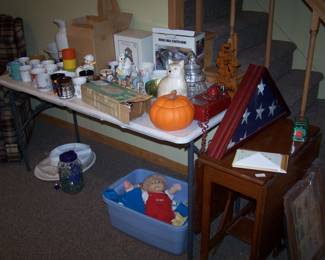 CABBAGE PATCH DOLL & TABLE OF MISC. IN THE BASEMENT