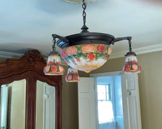 Antique puffy glass chandelier, hand painted, roses.