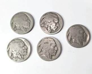 5 Indian Head Buffalo Nickels