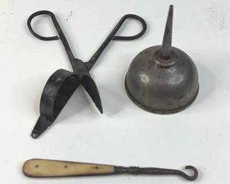 Button Hook, Candle Snuffer, Oil Can