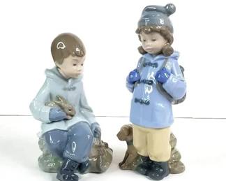 NAO by Lladro Traveling Girl and Boy with Rabbit Figurines