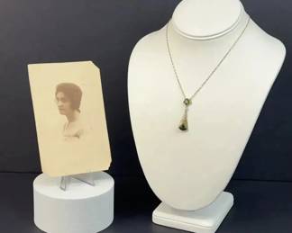 10K Gold Tourmaline Pearl Edwardian Art Deco Lavaliere Necklace