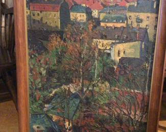 Original signed oil 1960s Italian house top scene. $485
