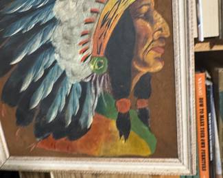 Oil or acrylic paint on dark brown velvet fabric. Profile portrait of a Native American Chieftain wearing a traditional eagle feather headdress, Some fading and aging of the frame. Price $30