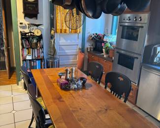 Century Furnishings out of north Carolina, Asian style wood table w/ set of 4 Wood Spindle-Back Chairs, 20th - 21st century, Approx. Table Length 60" to 72" (Seats 6 comfortably) Table Width 36" to 42" Table Height Standard 30" dining height, Chair Height 38" to 40" (Back height) Set Price $600