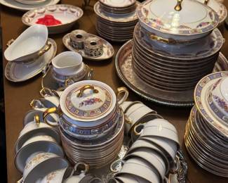 Vintage china dinnerware set / Includes plates, cups & saucers, covered serving pieces floral bands and gold trim $90