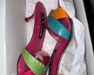 Vintage Nina women’s heels, Bright multicolor straps w/ snakeskin texture, late-80s / 90s, Condition: like new, Price $35
