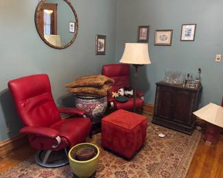 Mid-Century red leather swivel office chairs, and suede ottoman Set, Condition: Good, like new Price: $250