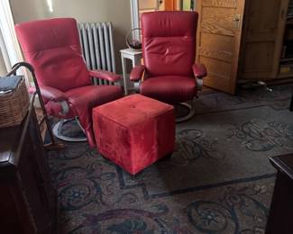 Mid-Century red leather swivel office chairs, and suede ottoman Set, Condition: Good, like new Price: $250