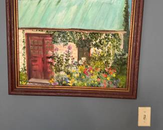 Impressionist-style oil painting of a garden cottage, Oil on canvas, Late 20th century (circa 1980s–1990s), Approx. 20" x 24" $275