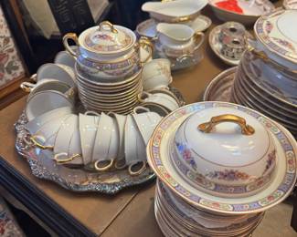 Vintage china dinnerware set / Includes plates, cups & saucers, covered serving pieces floral bands and gold trim $90