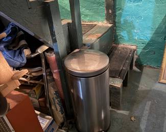 Stainless steel step trash can with foot pedal and removable lid insert, Approx. 24–26 inches high × 12–14 inches diameter, Price $30