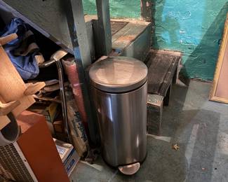 Stainless steel step trash can with foot pedal and removable lid insert, Approx. 24–26 inches high × 12–14 inches diameter, Price $30