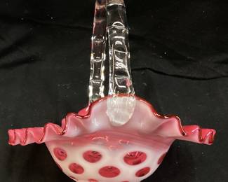  VTG. FENTON CRANBERRY COIN DOT OPALESCENT GLASS BASKET, RUFFLED EDGE, 8in
