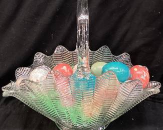 L.E. SMITH GLASS BASKET OF DECORATIVE EGGS NO SHIPPING PICKUP ONLY