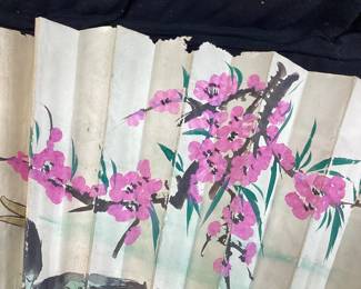 LARGE HAND PAINTED JAPANESE FAN, 34in H SLIGHT DAMAGE ON THE TOP EDGE