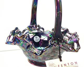 FENTON AMETHYST CARNIVAL GLASS BASKETWEAVE RUFFLED EDGE BASKET, 8in