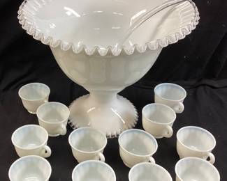 FENTON SILVER CREST MILK GLASS PUNCH BOWL SET, WITH STAND, LADDLE, 12 CUPS NO SHIPPING PICKUP ONLY
