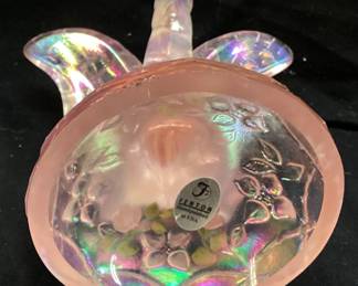 FENTON PINK IRIDESCENT BUTTERFLY ON BRANCH RING HOLDER, HAND PAINTED, SIGNED M.WAGNER