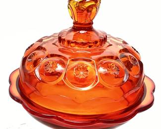  L.E. SMITH MOON & STARS AMBERINA COVERED BUTTER/CHEESE DISH