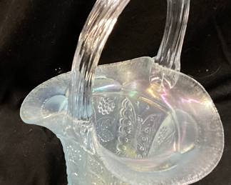 1980s FENTON ICE BLUE IRIDESCENT BUTTERFLY & BERRY BASKET