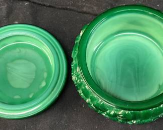  ART DECO BOHEMIAN MALACHITE GLASS POWDER JAR