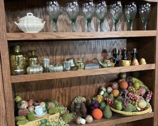 CHOICE SHELF LOT ASSORTED HOME DECOR, VTG. CUT GLASS, CHINA SETS, GLASSWARE, FOLK ART BASKET CRAFTS, HEAR, SEE & SAY NO EVIL MONKEES MADE IN JAPAN, CAST IRON FRUIT BOWL DOOR STOP, CAST IRON PINECONES