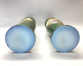 PAIR OF ANTIQUE VICTORIAN PAINTED ART MILK GLASS VASES GREEN SATIN WITH RAISED GOLD GILT PAINT