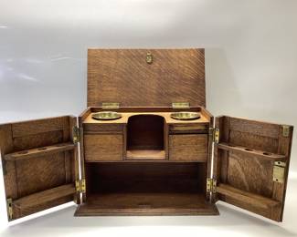 ANTIQUE OAK SMOKERâ€™S CABINET BEAUTIFUL CARVED WOOD CABINET WITH BRASS BOWLS