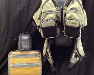  L.L. BEAN RAPID RIVER VEST PACK, GREYS REEL CASE, FLY FISHING REEL & CARTRIDGES, REEL GEAR BAG