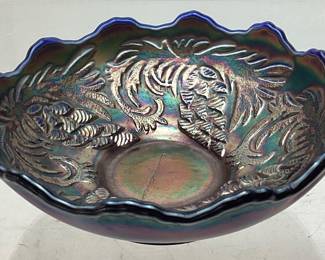1911-18 FENTON IRIDESCENT BLUE CARNIVAL GLASS PINE CONE BOWL, 6.75in D, RARE DESIGN