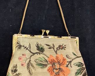 VTG. FLORAL TAPESTRY EVENING PURSE, MIRROR & COIN POUCH, GOLD-TONE FRAME & CHAIN, KISS LOCK CLASP