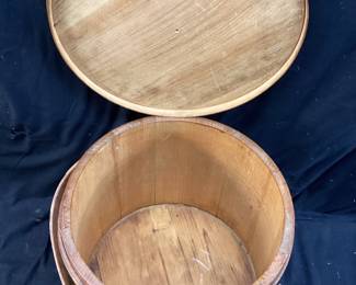 ANTIQUE WOODIN FIRKIN, LIDDED SUGAR BUCKET w SWING HANDLE