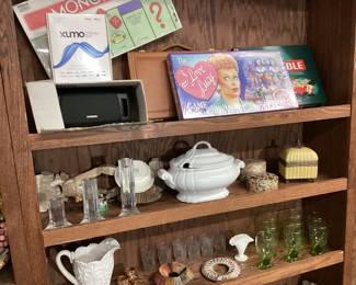 CHOICE SHELF LOT ASSORTED HOME DECOR, VTG. CUT GLASS, CHINA SETS, GLASSWARE, FOLK ART BASKET CRAFTS, HEAR, SEE & SAY NO EVIL MONKEES MADE IN JAPAN, CAST IRON FRUIT BOWL DOOR STOP, CAST IRON PINECONES