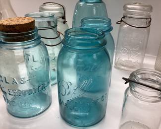 LARGE LOT OF VINTAGE JARS JOHNSON CITY MILK PRODUCERS, BLUE BALL, ATLAS, AMETHYST CANISTER JAR, ONE GALLON WINE JUG